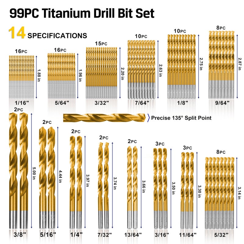 Hurricane 99 Pieces Titanium Twist Drill Bit Set, 135Â° Tip High Speed Steel, Size from 1/16" up to 3/8", Ideal Drilling in Wood/Cast Iron/Aluminum Alloy/Plastic/Fiberglass, with Hard Storage by HURRICANE - Image 2